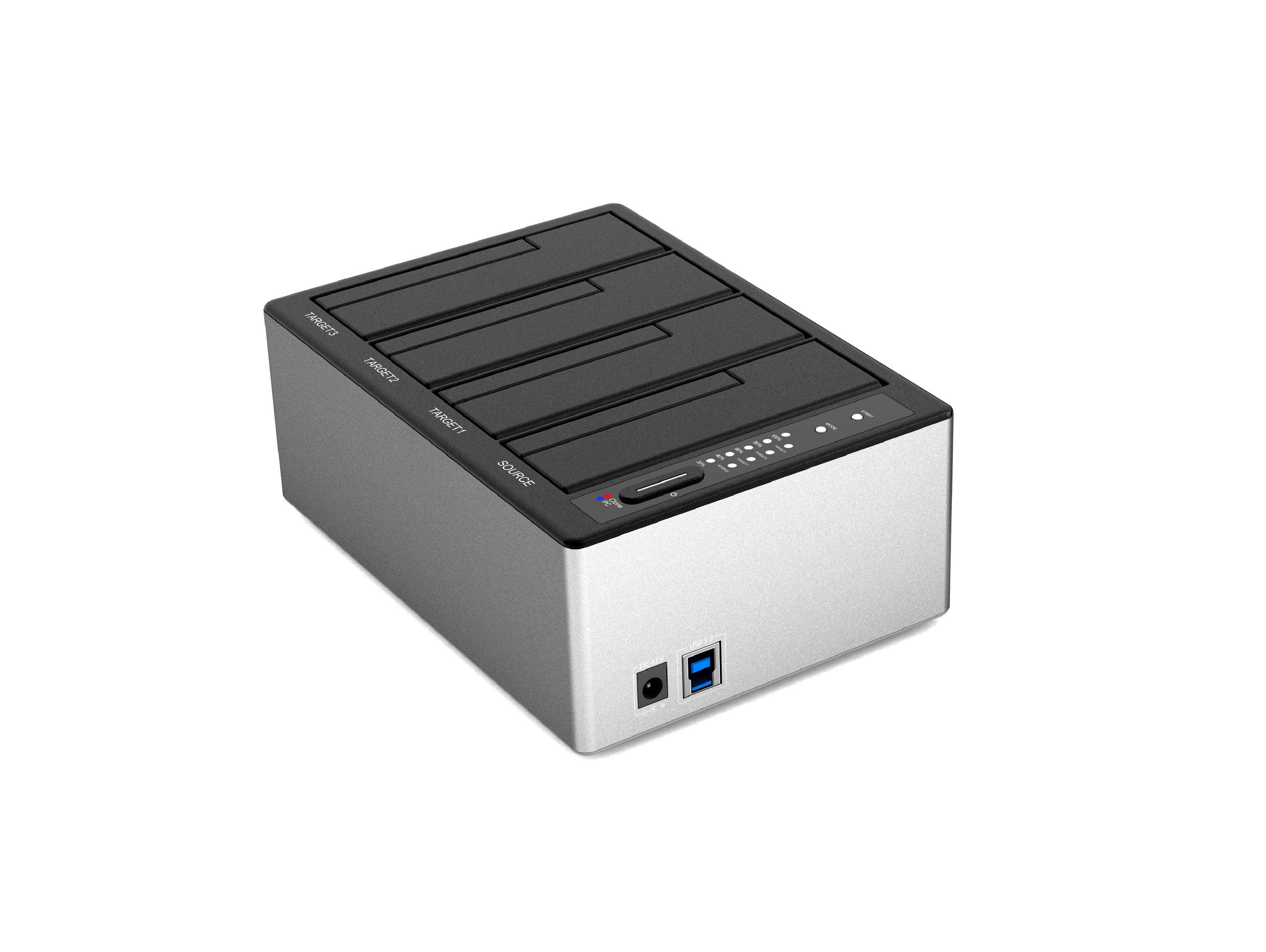 4 Bay SATA SSD/HDD Duplicator (SI-7945USJ3-D), applicable 4 3.5" or 2.5" SATA HDD/SSD, support PC mode & clone mode switchable, USB-C 5Gbps to host.